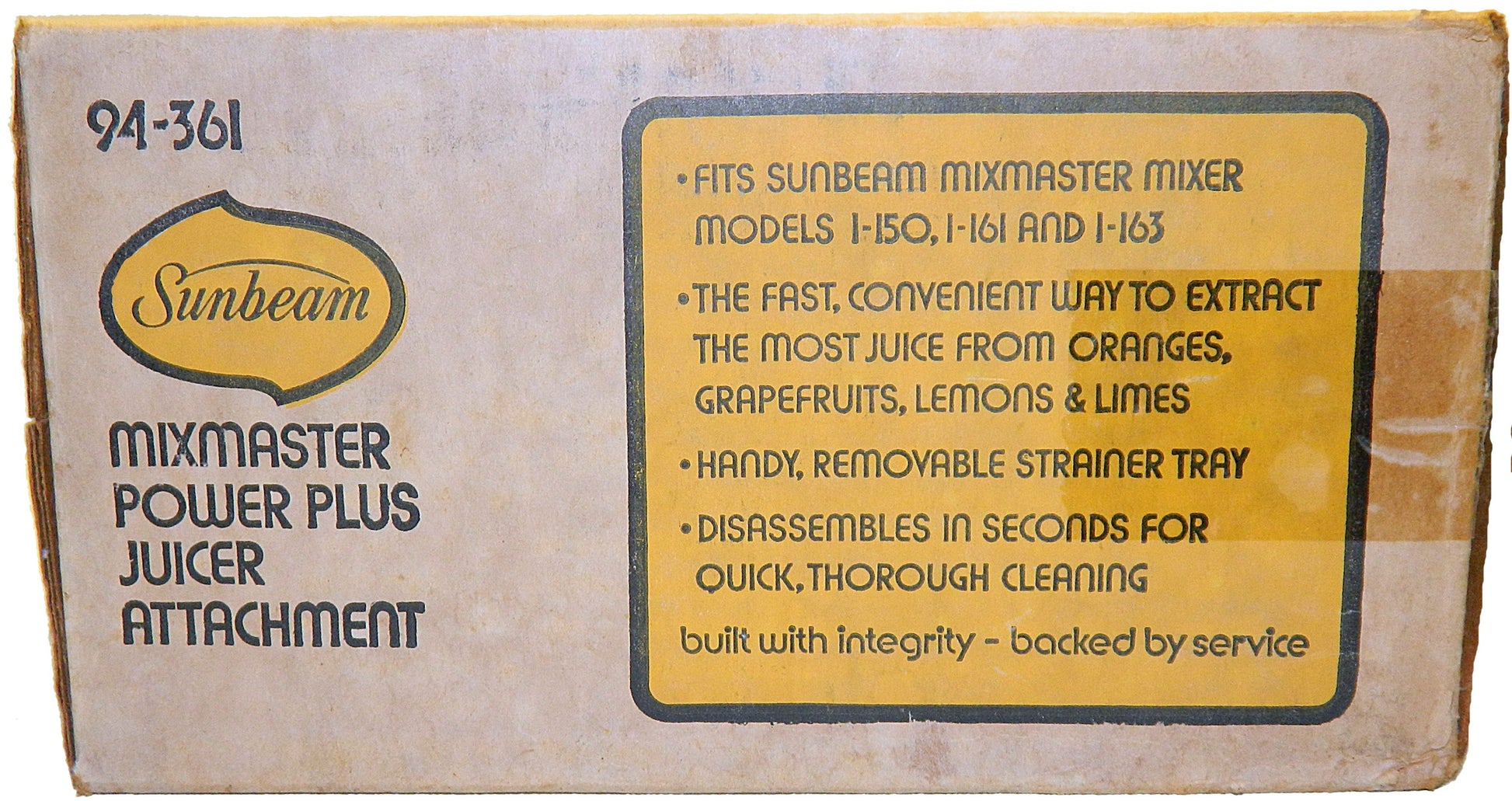 Sunbeam Mixmaster Power Plus Juicer Attachment packaging with text on a cardboard box.