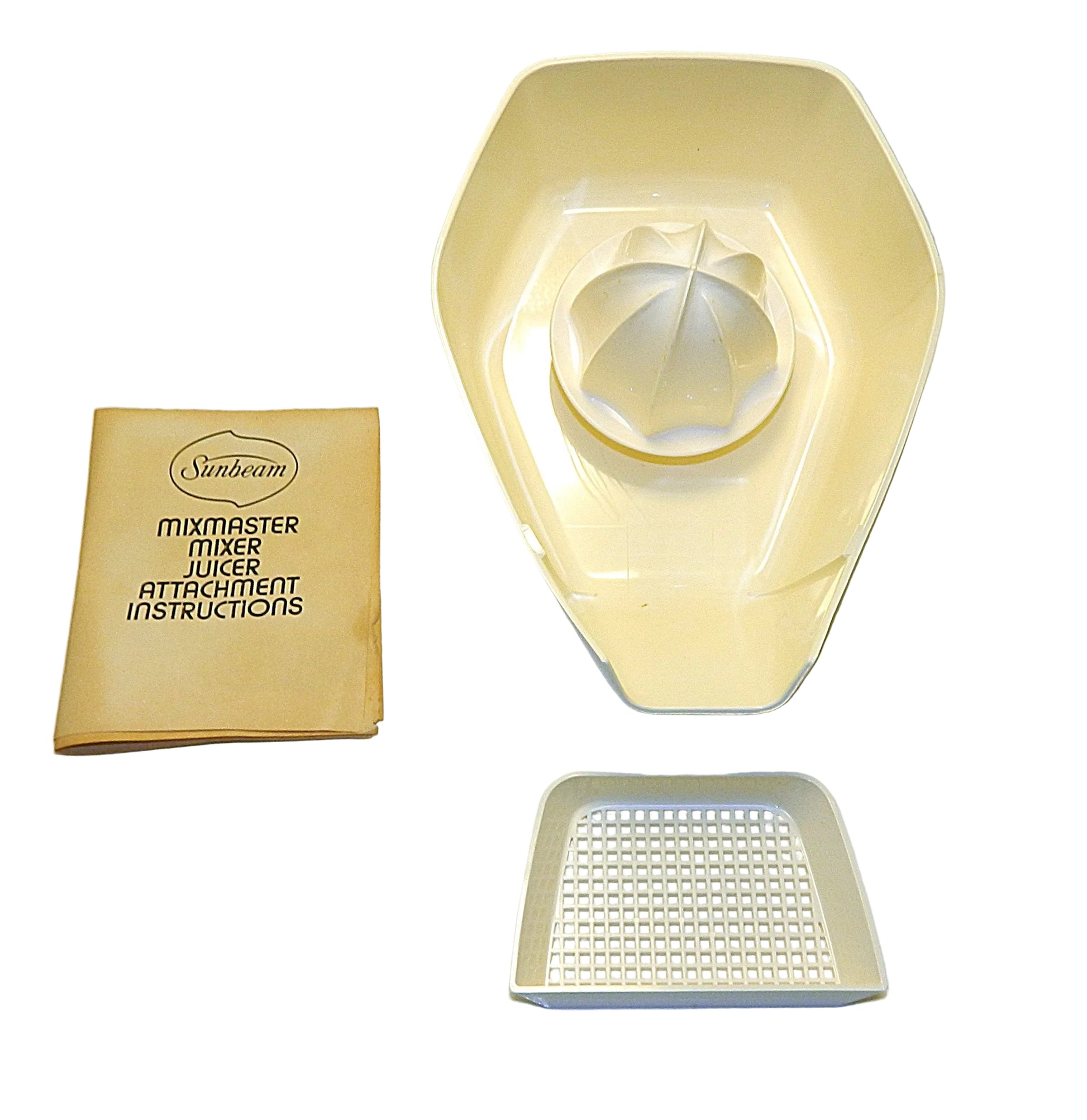Vintage Sunbeam Mixmaster Mixer juicer attachment with instructions on a white background
