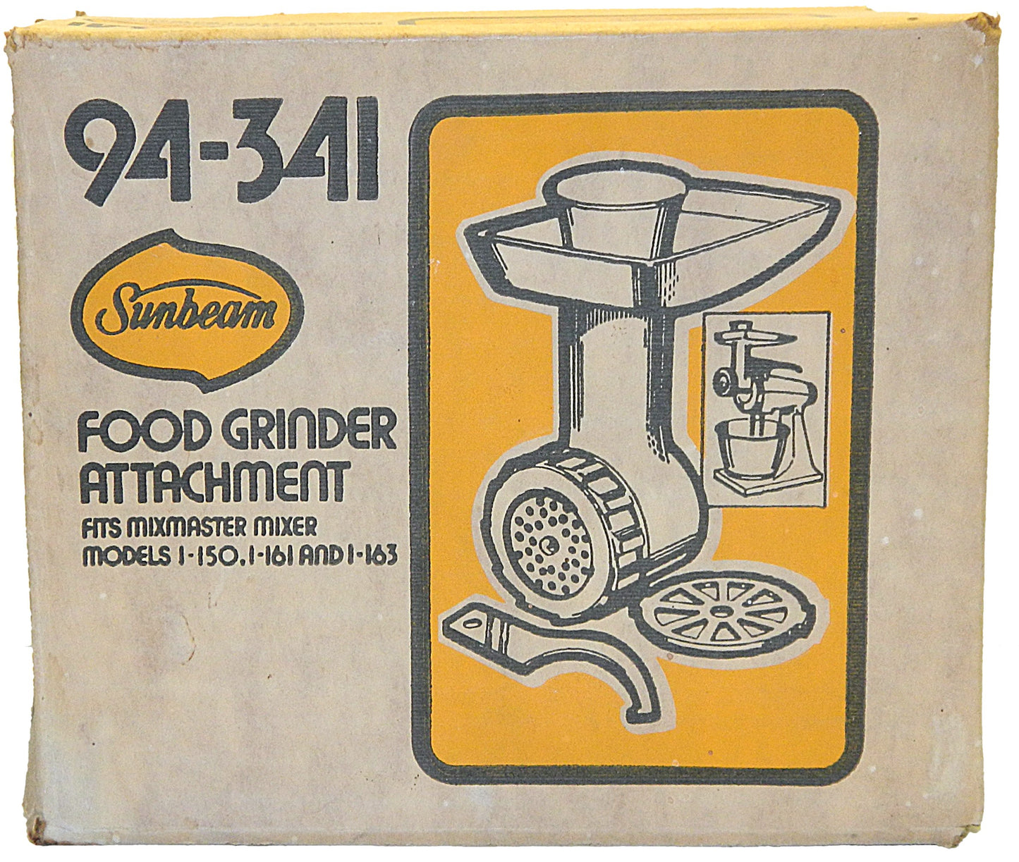 Vintage Sunbeam food grinder attachment packaging with illustration and text.
