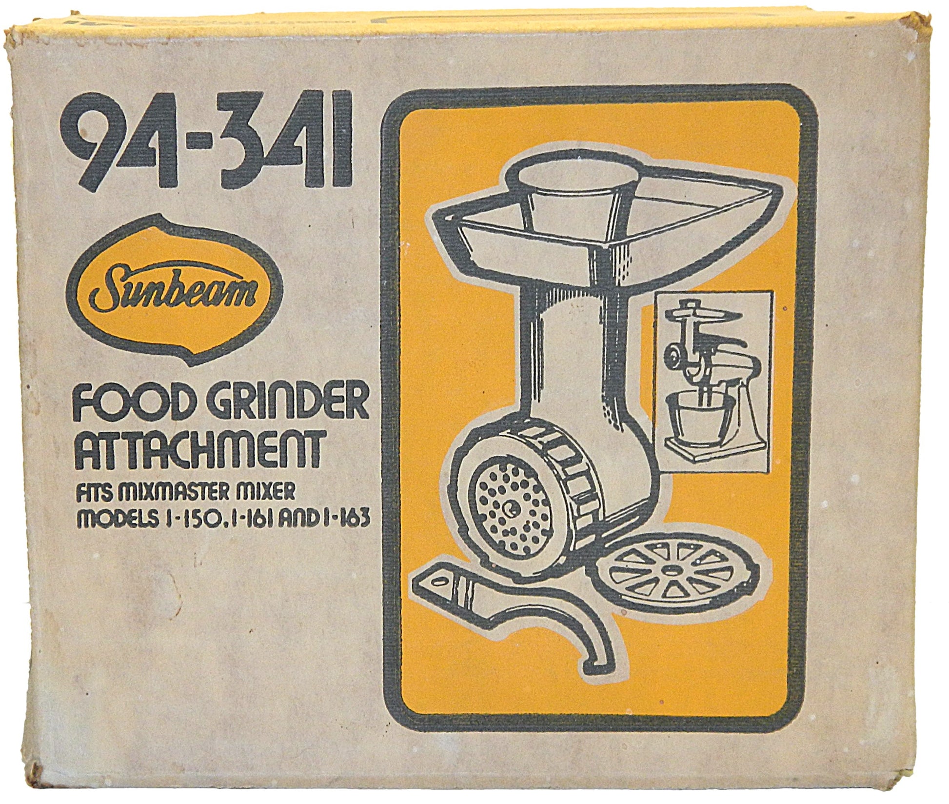 Vintage Sunbeam food grinder attachment packaging with illustration and text.