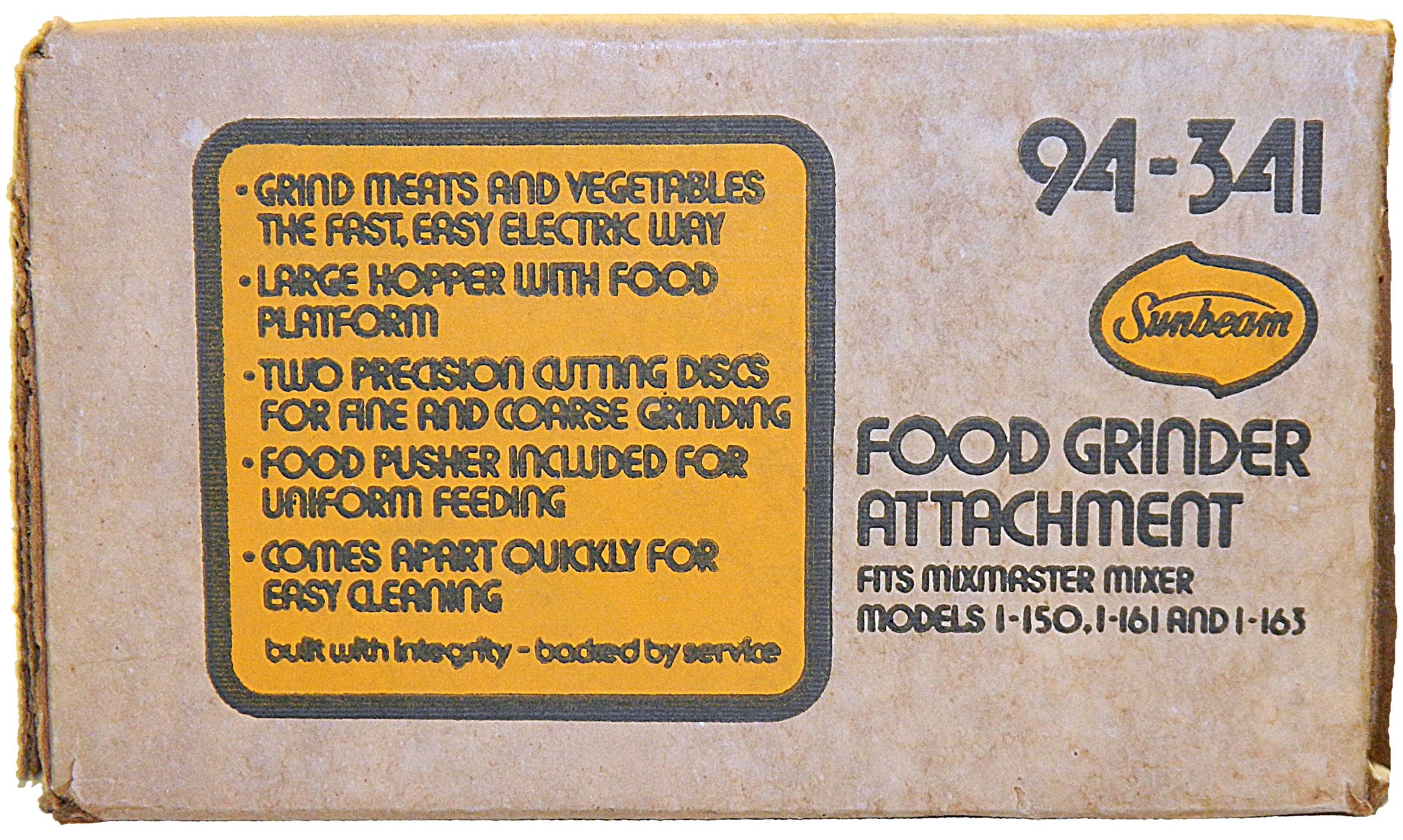 Box of Sunbeam food grinder attachment with text and branding.