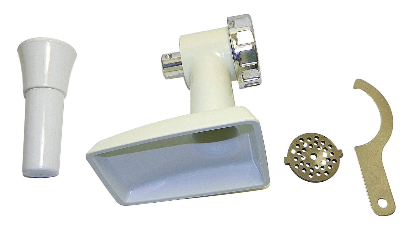 Set of kitchen grinder parts including a white grinder head, metal blade, and other components on a white background.