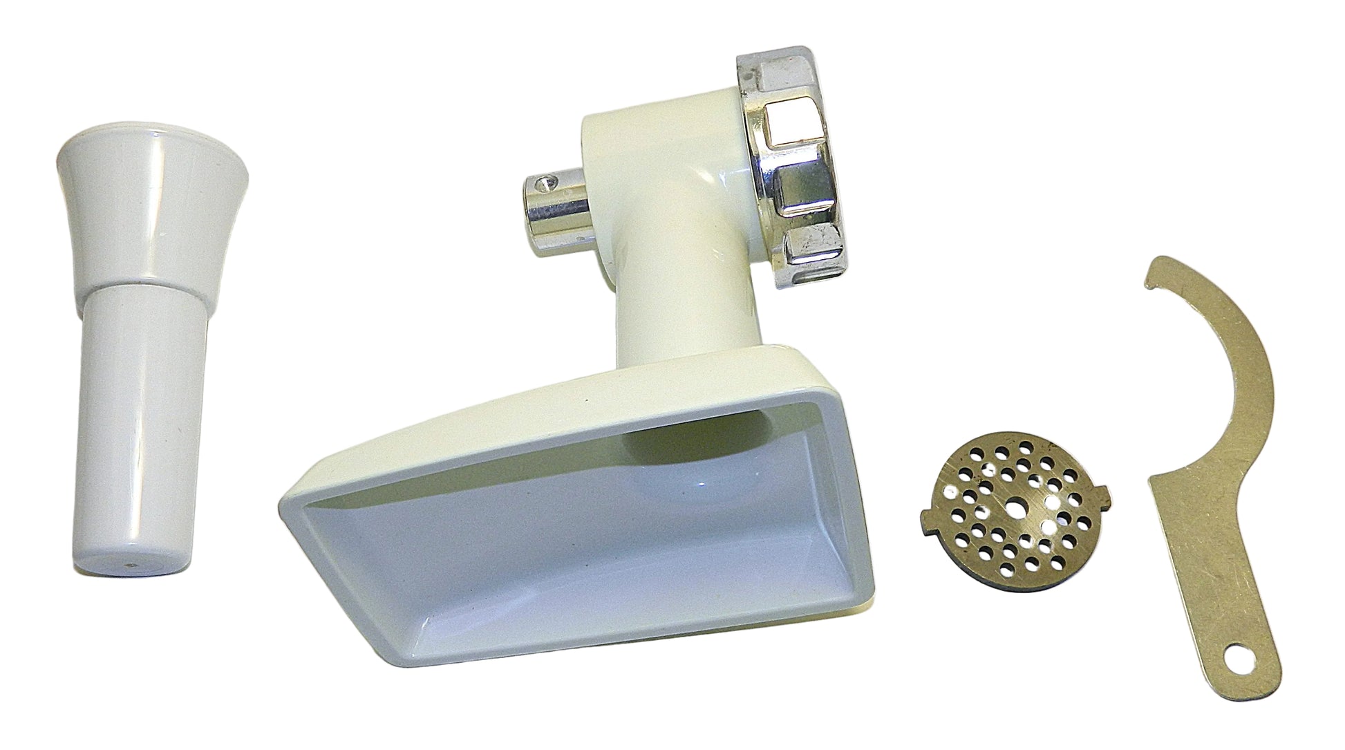 Set of kitchen grinder parts including a white grinder head, metal blade, and other components on a white background.