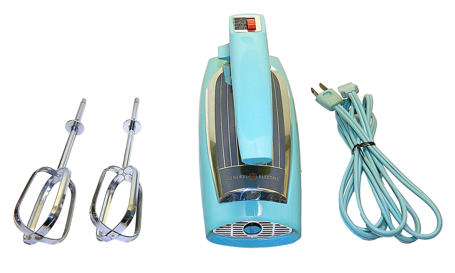Vintage-style electric mixer with attachments and cord on a white background