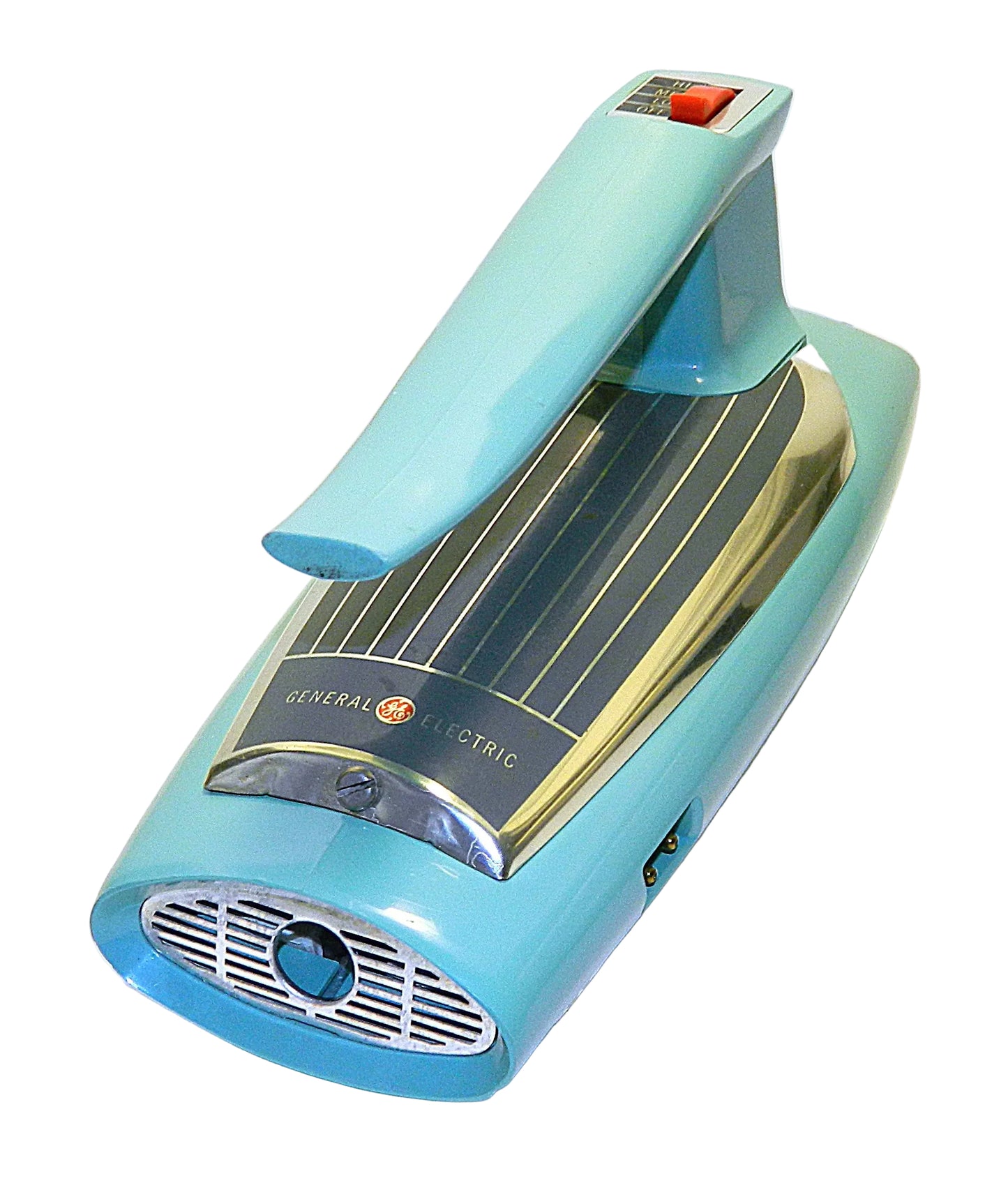 Vintage teal General Electric appliance on a white background