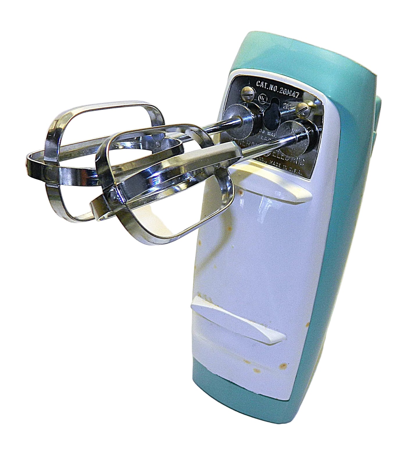 Vintage-style hand mixer with a turquoise and white design on a white background