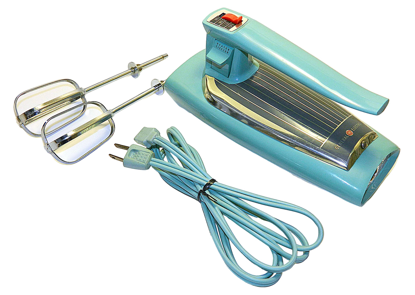 Turquoise hand mixer with attachments on a white background