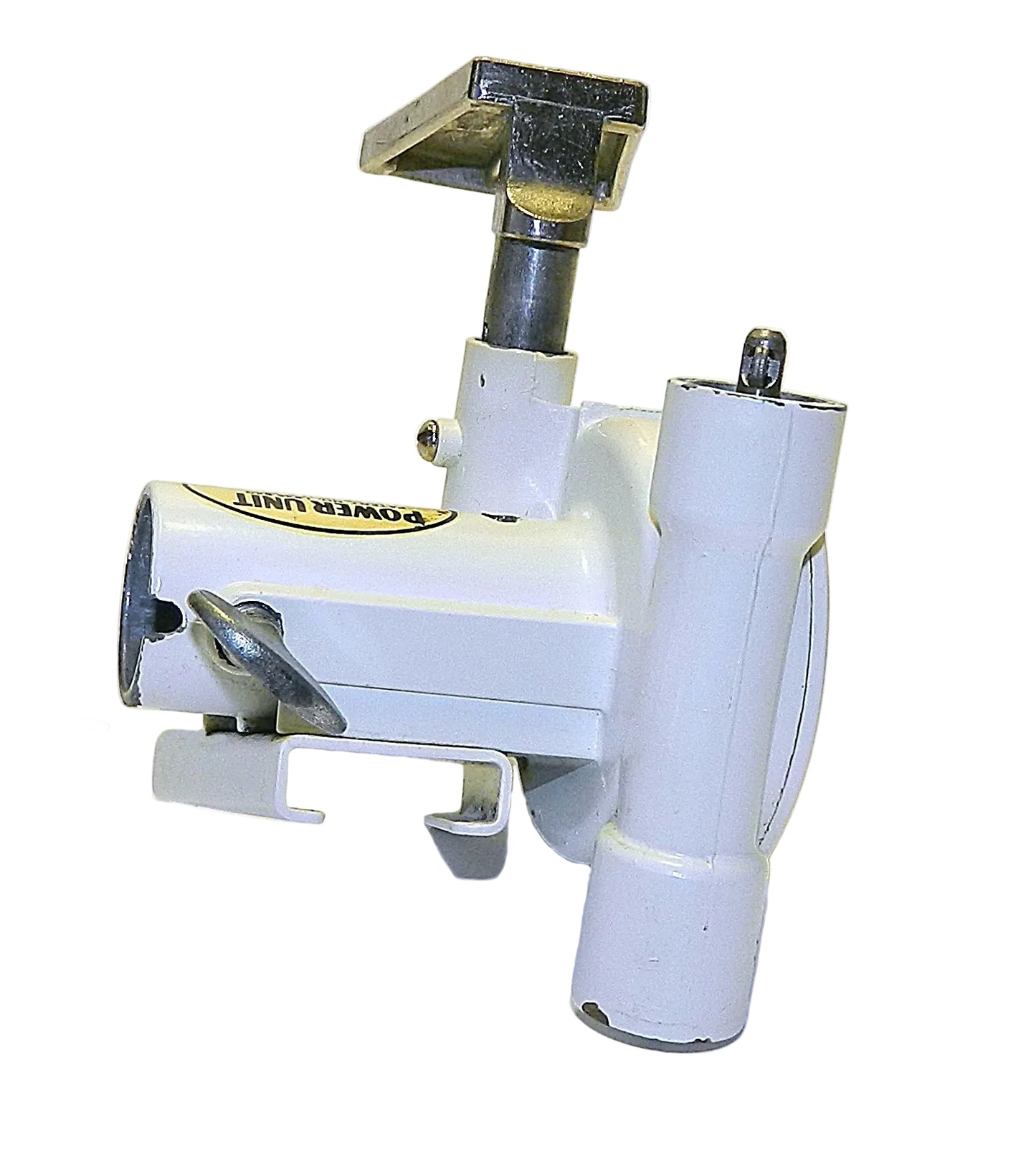 White mechanical device with a gold-colored component on a white background