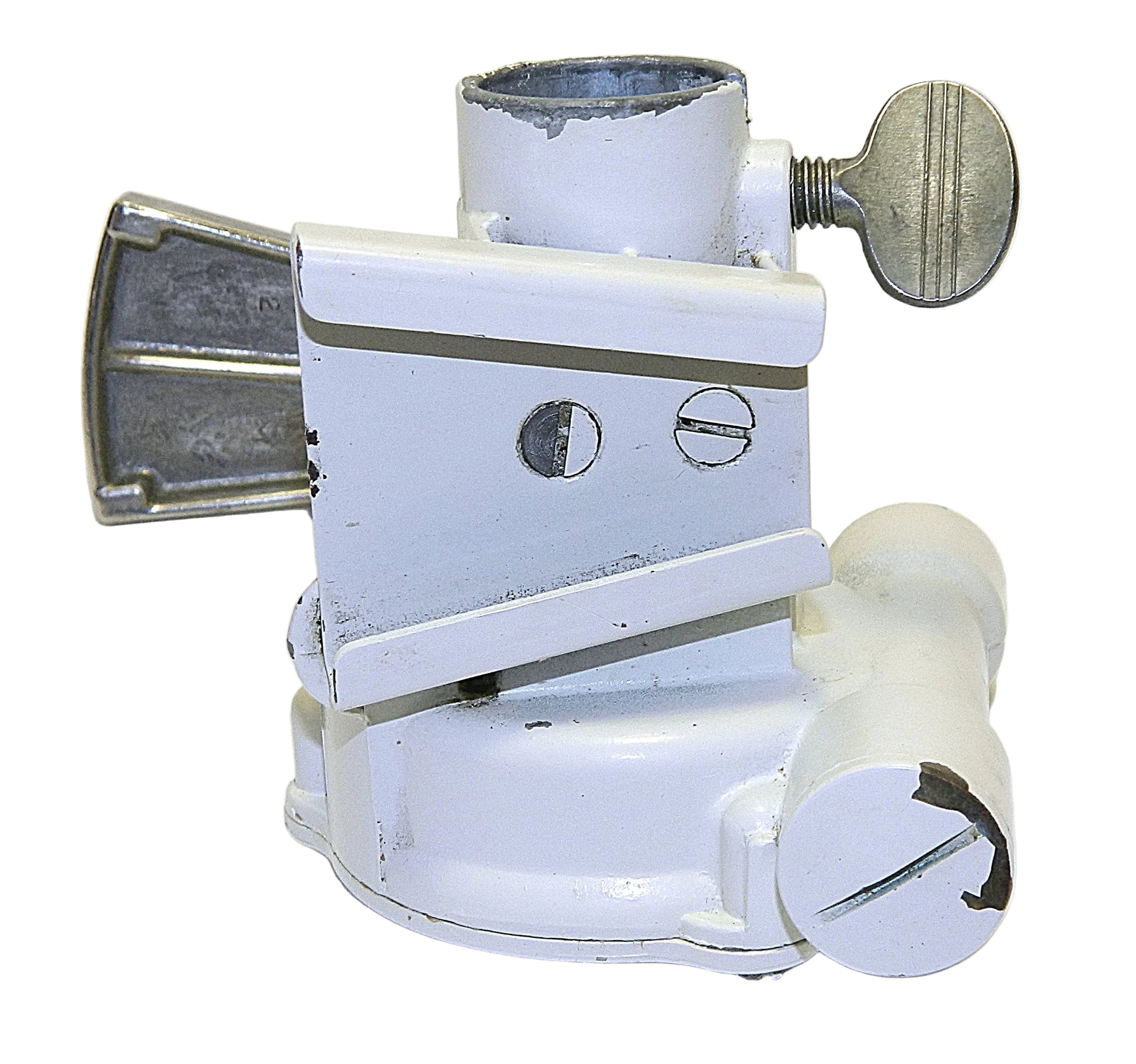 White mechanical device with various components on a white background