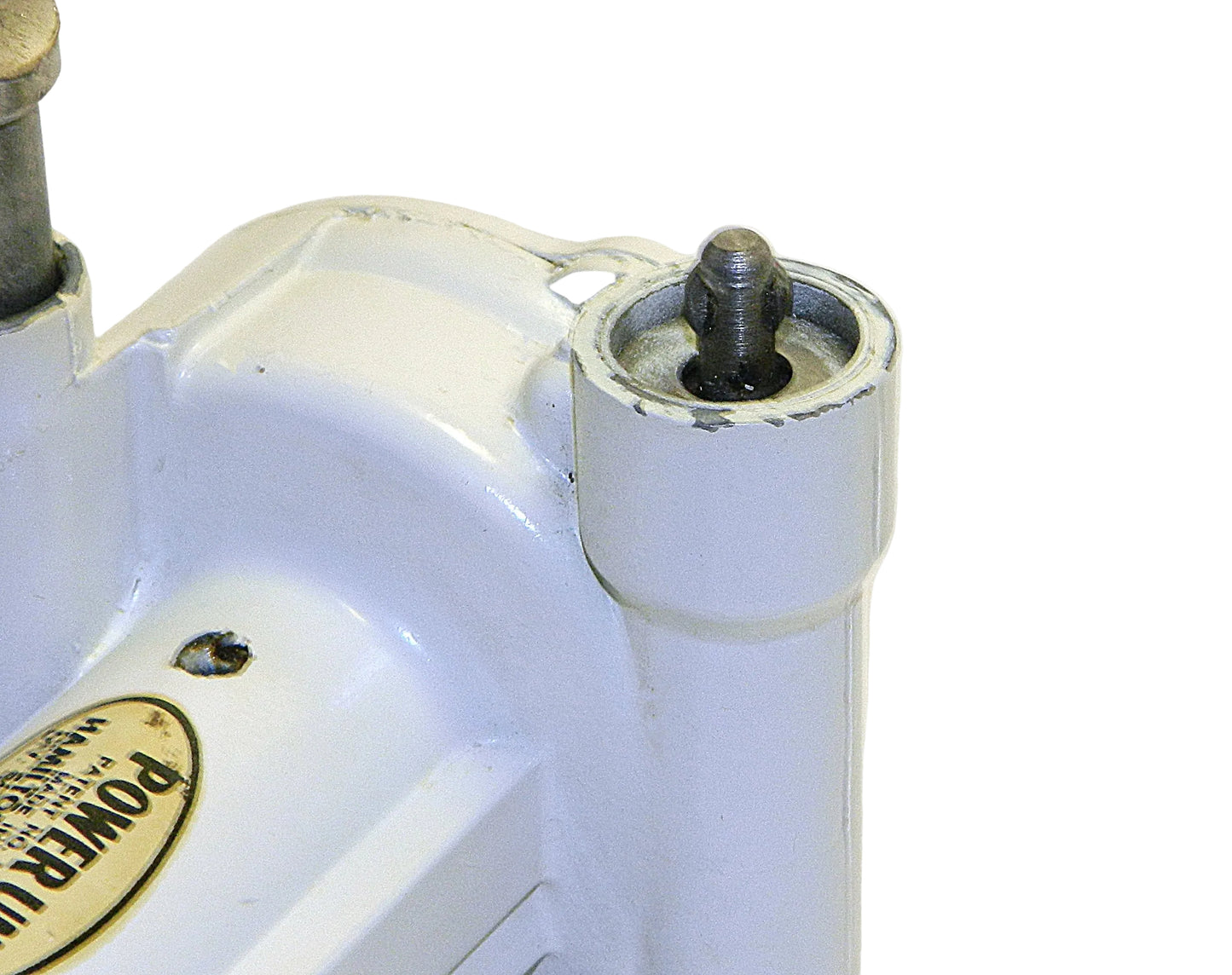 Close-up of a white mechanical component with a bolt on a white background
