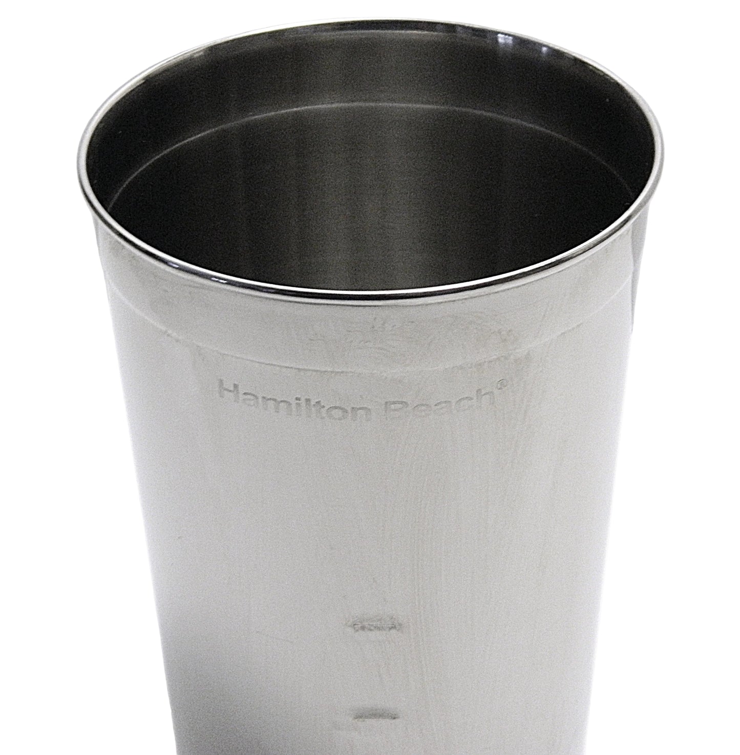 Stainless steel milkshake cup with 'Hamilton Beach' branding on a white background