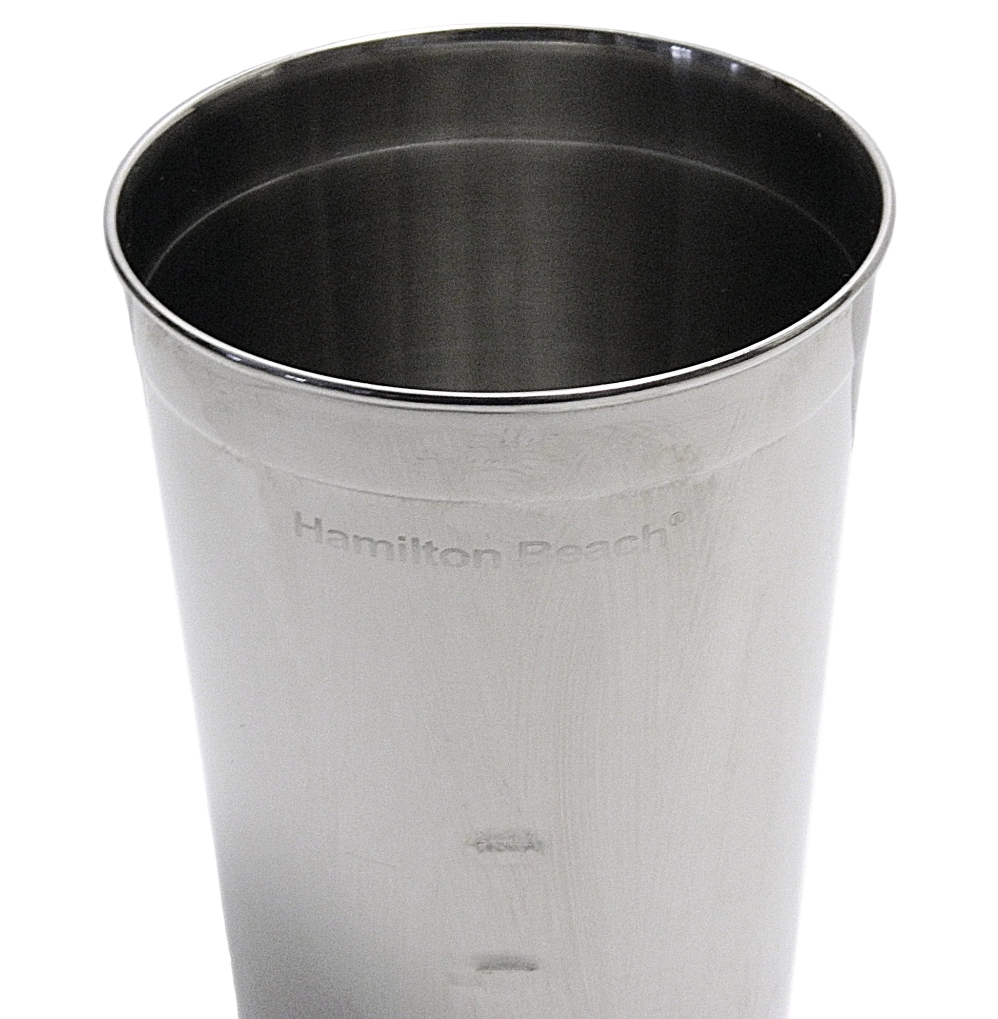 Stainless steel milkshake cup with 'Hamilton Beach' branding on a white background