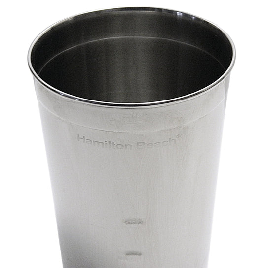 Stainless steel milkshake cup with 'Hamilton Beach' branding on a white background