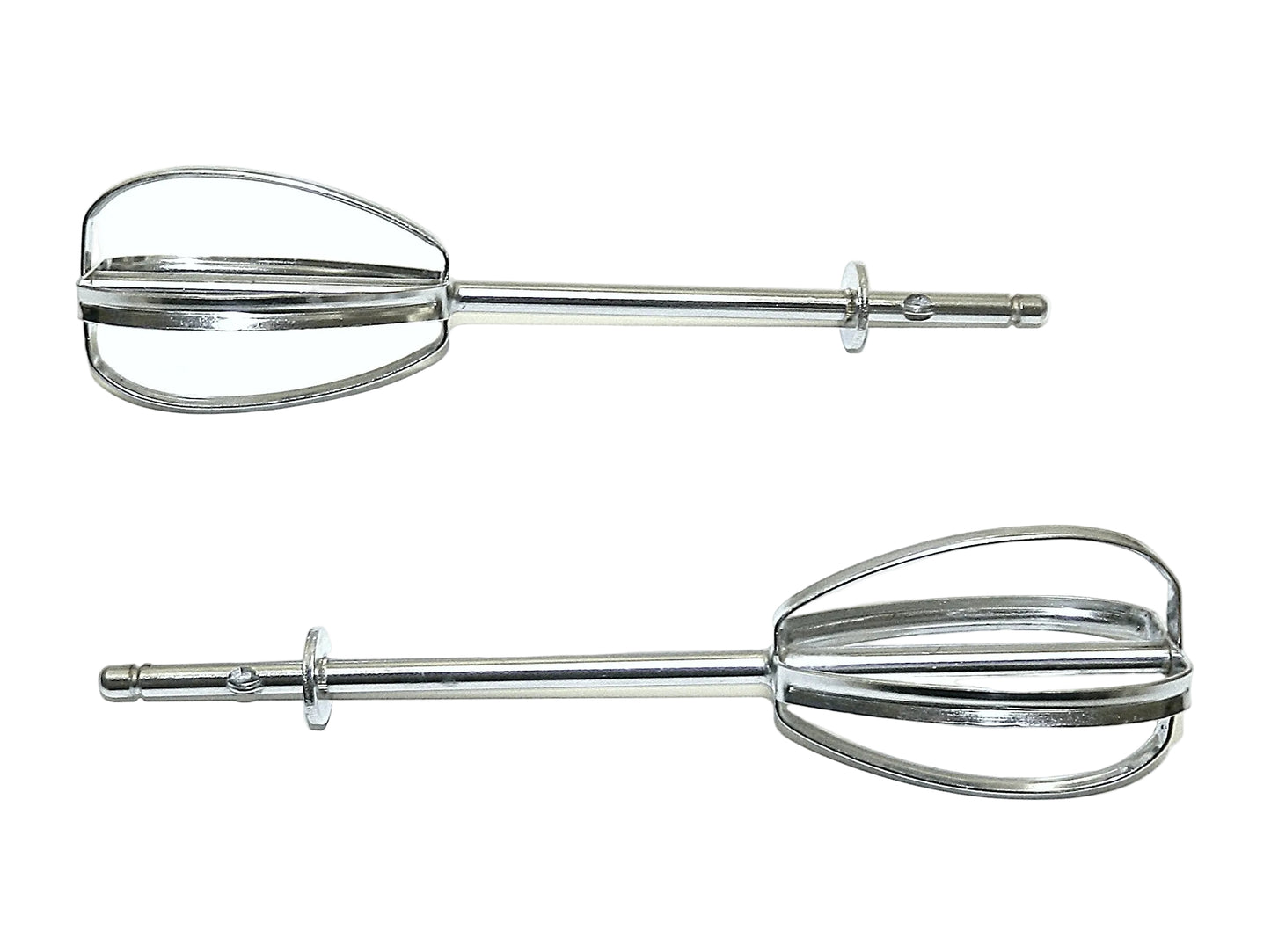 Two stainless steel electric mixer beaters shown horizontally on a plain white background.