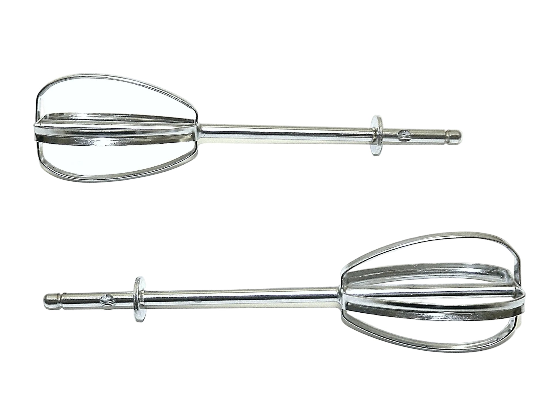 Two stainless steel electric mixer beaters shown horizontally on a plain white background.