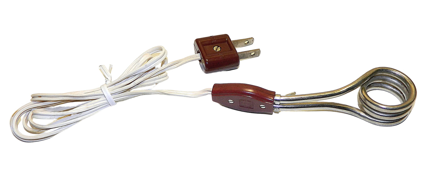 A vintage electric heating element cord with a white wire body, brown wooden handles, and a coiled metal element on a white background.