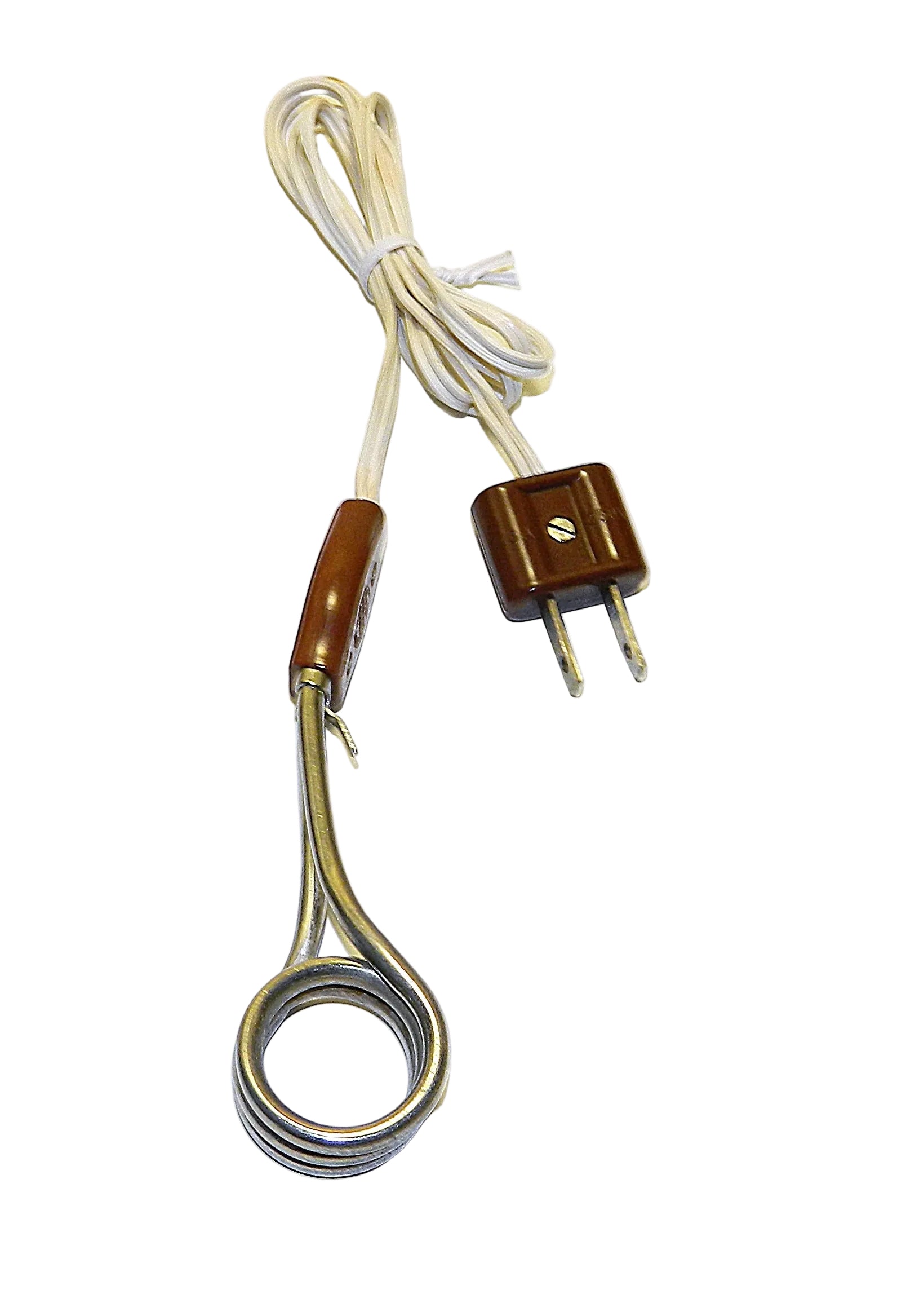 A vintage electric heating element or coil with a cream-colored cord, a brown plastic switch handle, and a brown two-pin plug, shown on a plain white background.