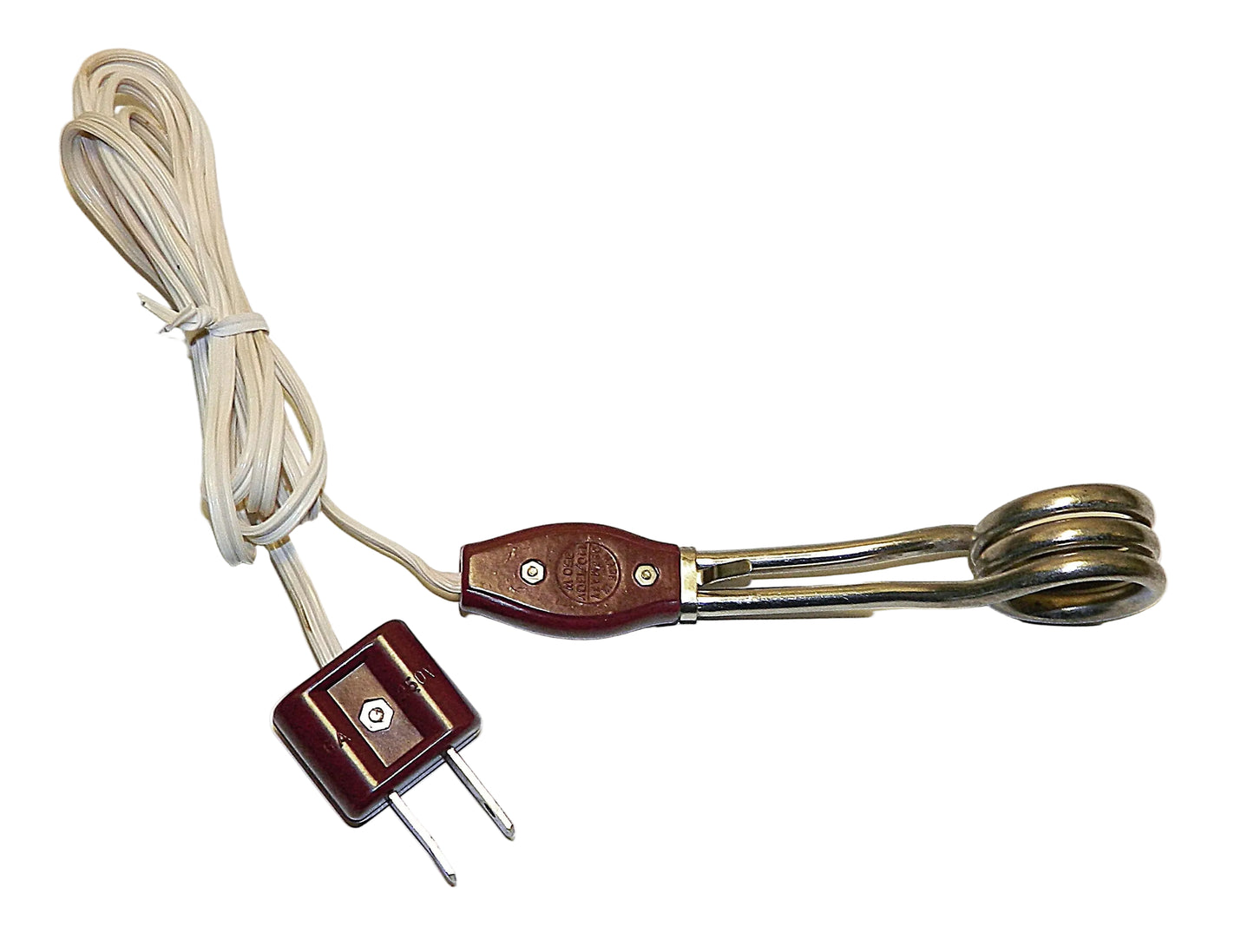 An electric heating element with a coiled metal coil, a brown plastic housing, a white cord, and a two-pin plug on a plain white background.