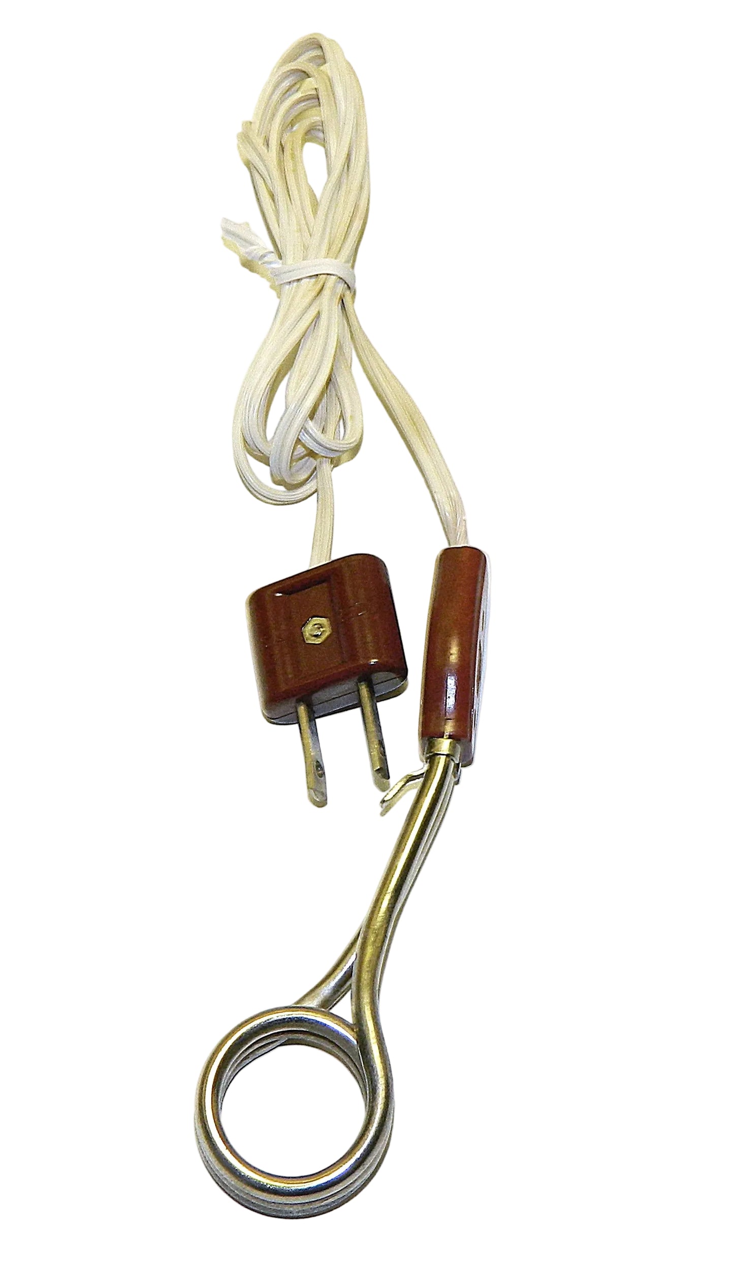 An old-style electric heating element or thermostat with a cream-colored cord, a brown plastic plug, and a brass looped element with a brown handle, shown on a white background.