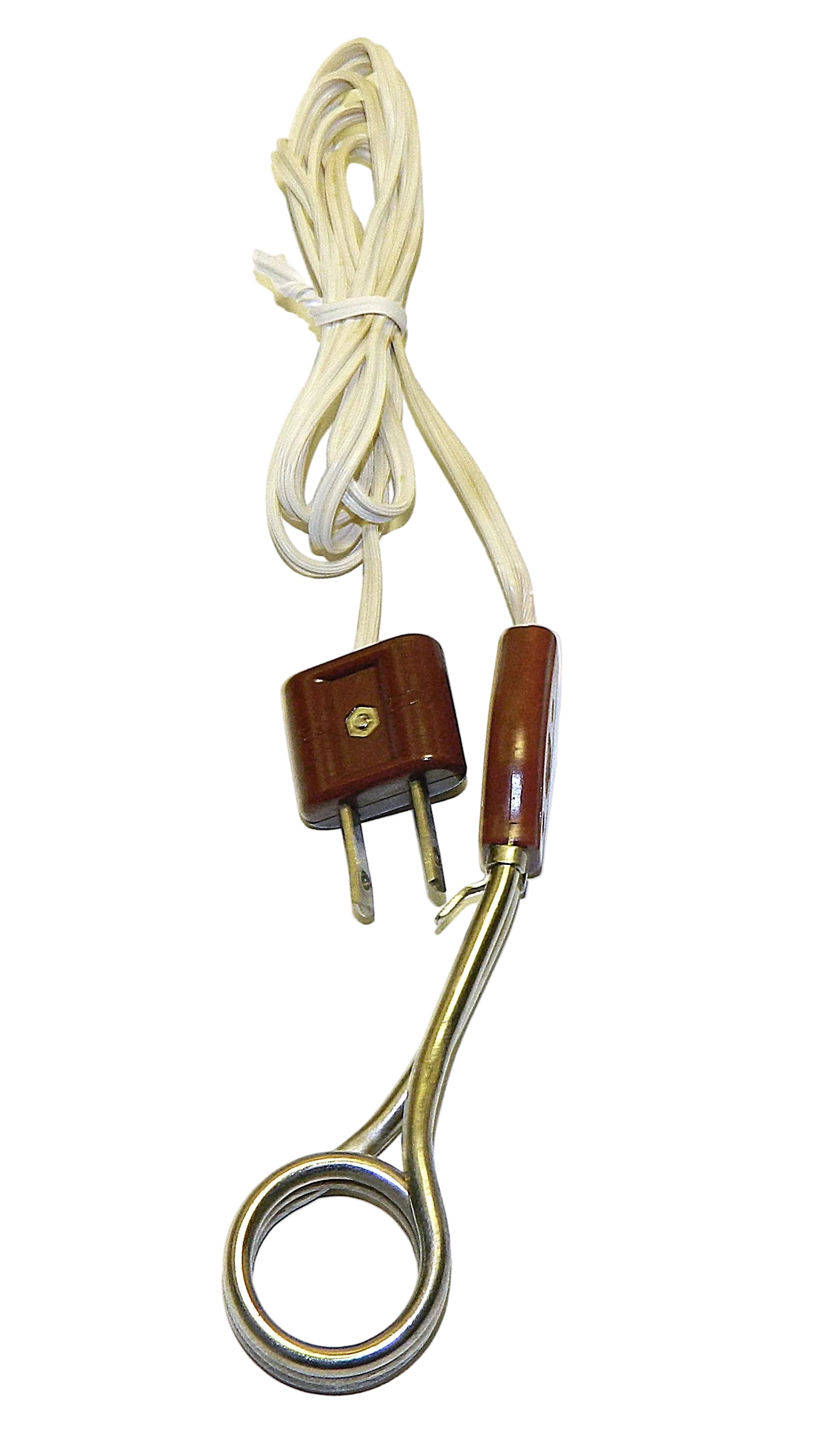 An old-style electric heating element or thermostat with a cream-colored cord, a brown plastic plug, and a brass looped element with a brown handle, shown on a white background.