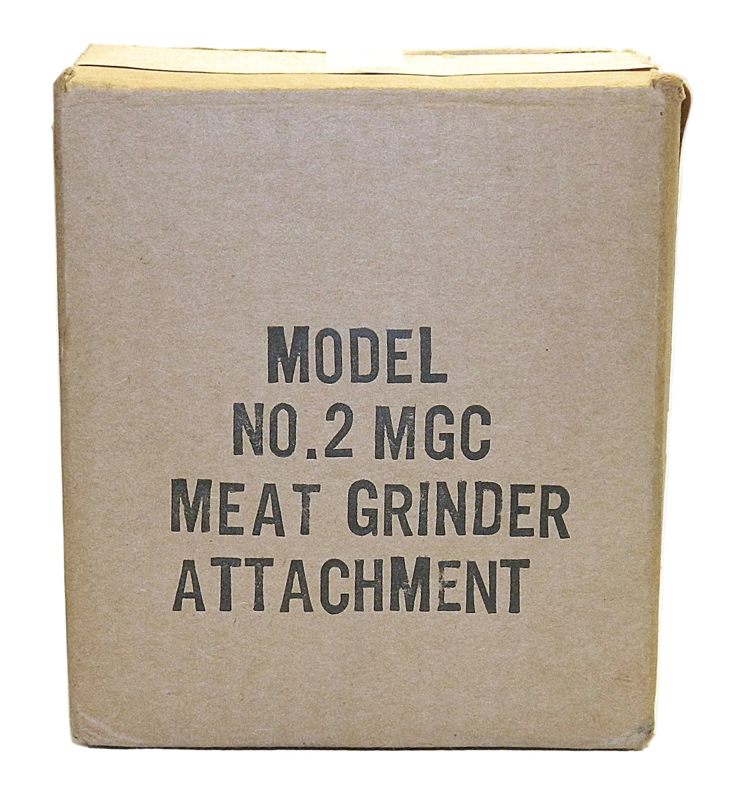 A square brown cardboard box with black printed text reading 'MODEL NO.2 MGC MEAT GRINDER ATTACHMENT' on a plain white background.