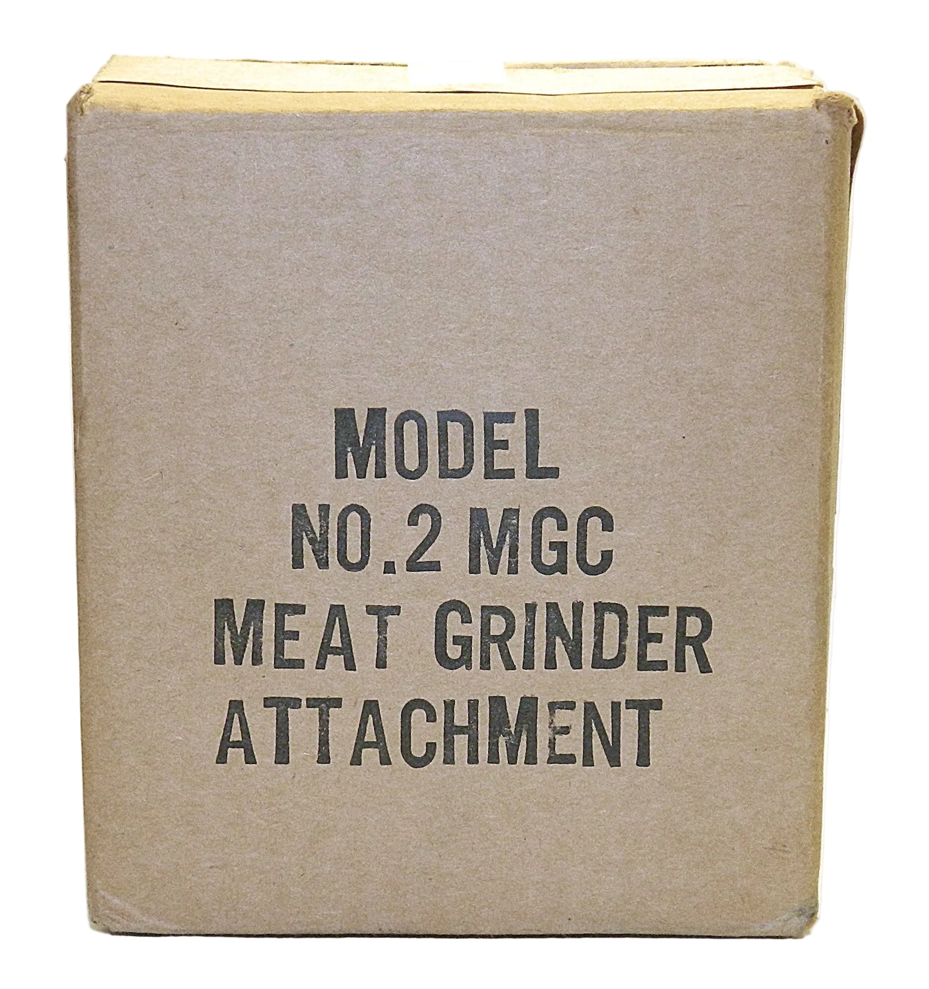 A square brown cardboard box with black printed text reading 'MODEL NO.2 MGC MEAT GRINDER ATTACHMENT' on a plain white background.