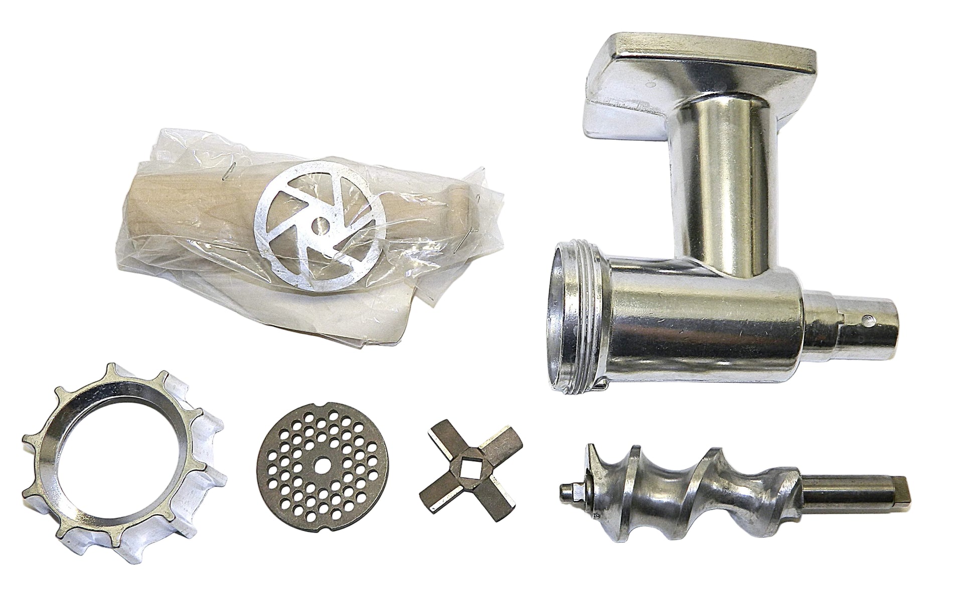 A stainless steel meat grinder attachment kit laid out on a white background, including a T-shaped main housing, a spiral screw shaft, a metal grinding plate, a circular metal disc, a small star-shaped blade, and a wooden handle wrapped in clear plastic.
