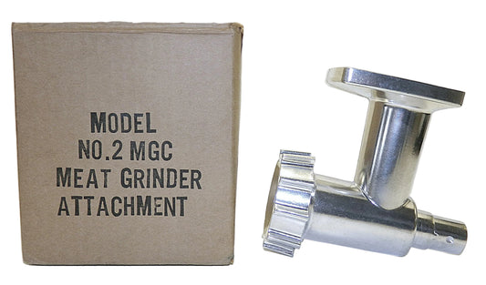 A polished metal meat grinder attachment shown next to its original brown cardboard box labeled 'MODEL NO.2 MGC MEAT GRINDER ATTACHMENT' on a white background.