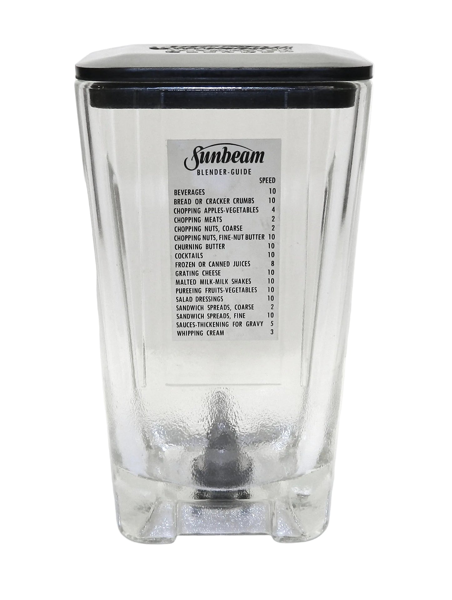 A clear glass blender jar with a black lid and a white printed 'Sunbeam Blender Guide' label on the front, photographed against a white background.