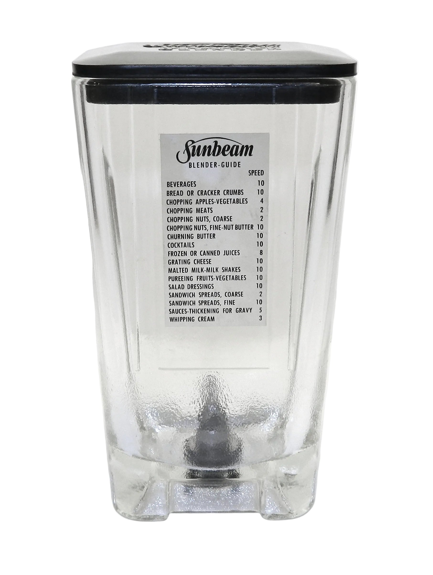 A clear glass blender jar with a black lid and a white printed 'Sunbeam Blender Guide' label on the front, photographed against a white background.