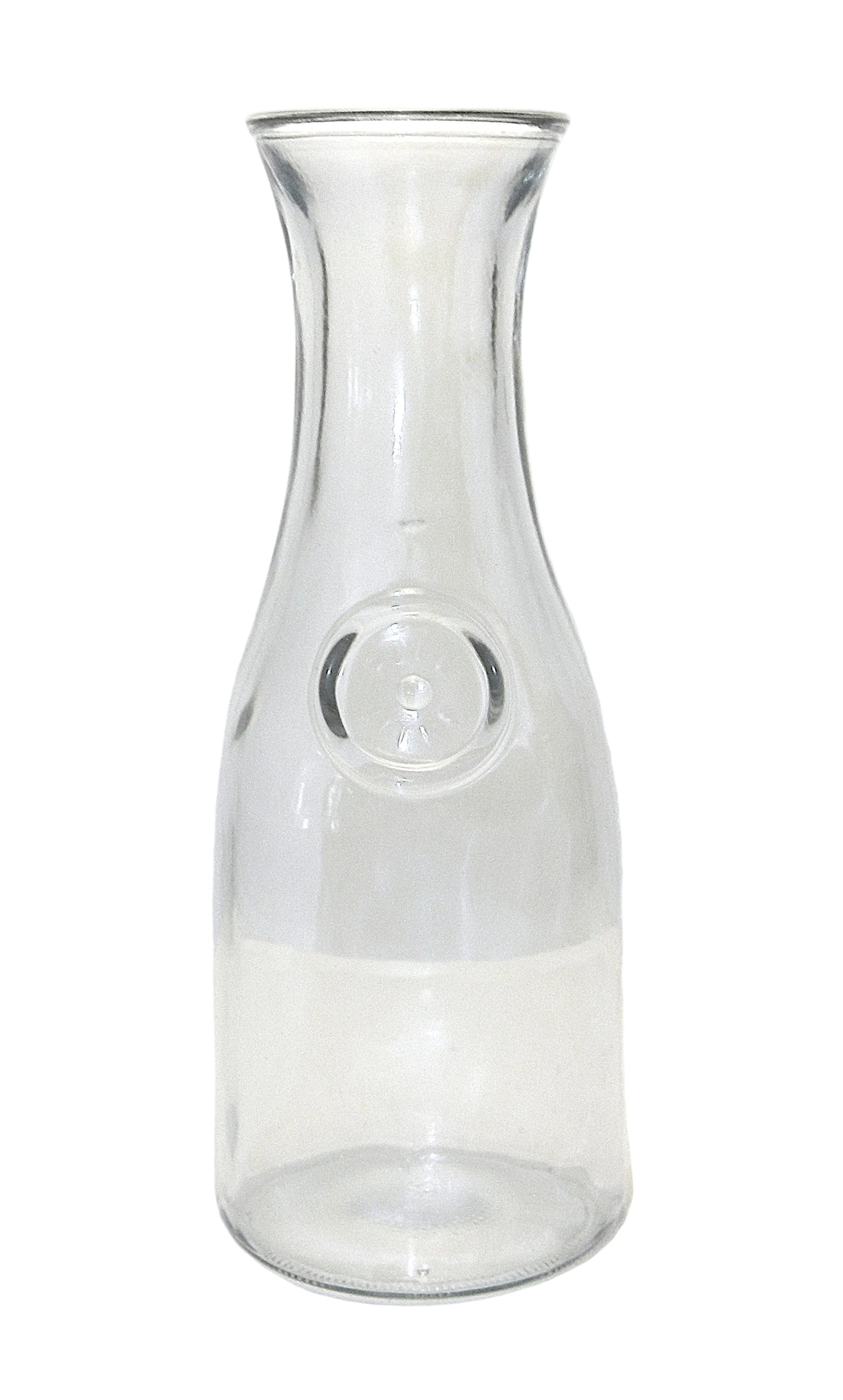 A clear glass carafe with a bulb-shaped center detail, photographed on a plain white background.