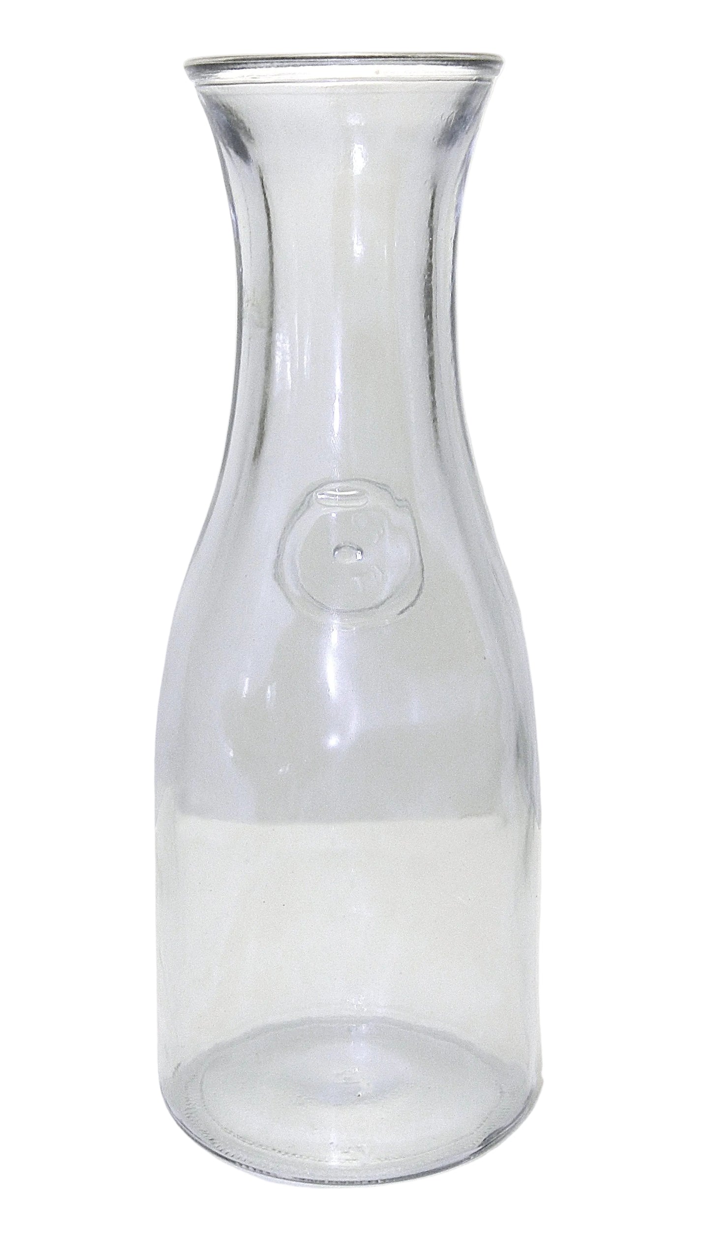 A clear glass carafe with a flared neck and a circular embossed detail on the front, shown against a plain white background.