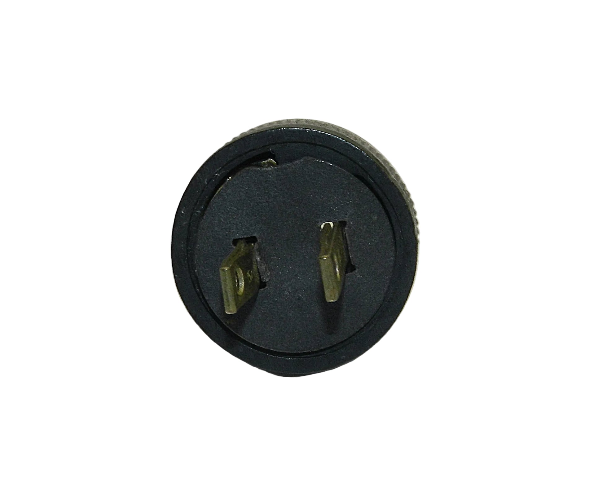 A black circular electrical outlet adapter with two gold-toned metal prongs, photographed on a plain white background.