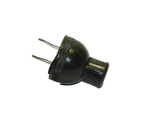 A small black plastic electrical plug adapter with two metal pins, shown on a plain white background.