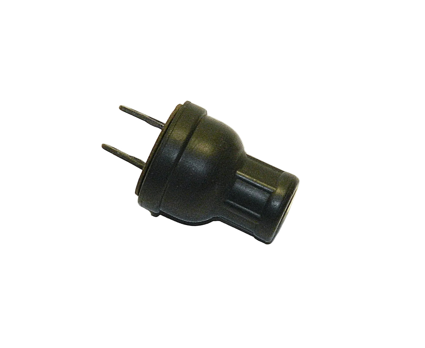 A black plastic two-pin electrical plug connector with a molded housing and two flat pins, shown on a plain white background.