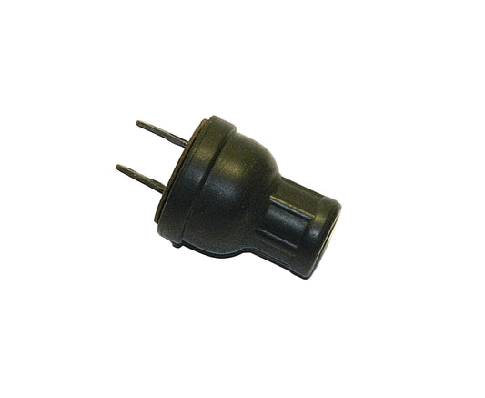 A black plastic two-pin electrical plug connector with a molded housing and two flat pins, shown on a plain white background.