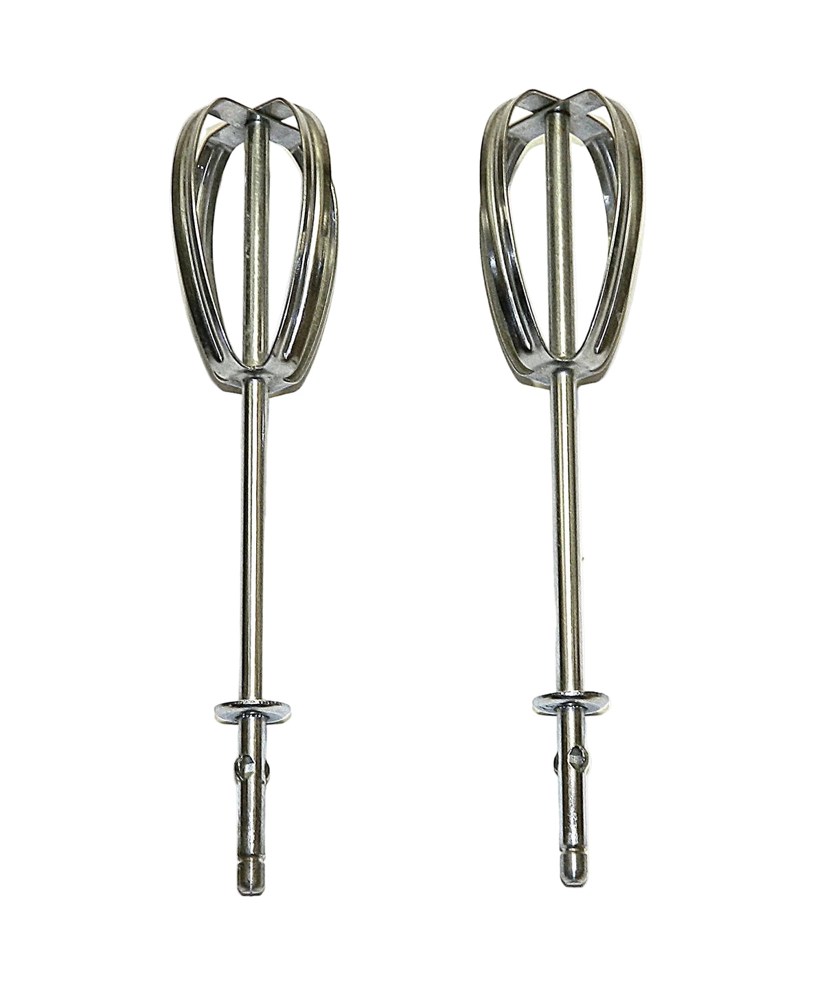 Two stainless steel electric hand mixers with wire whisks and straight beaters, displayed side-by-side on a plain white background.