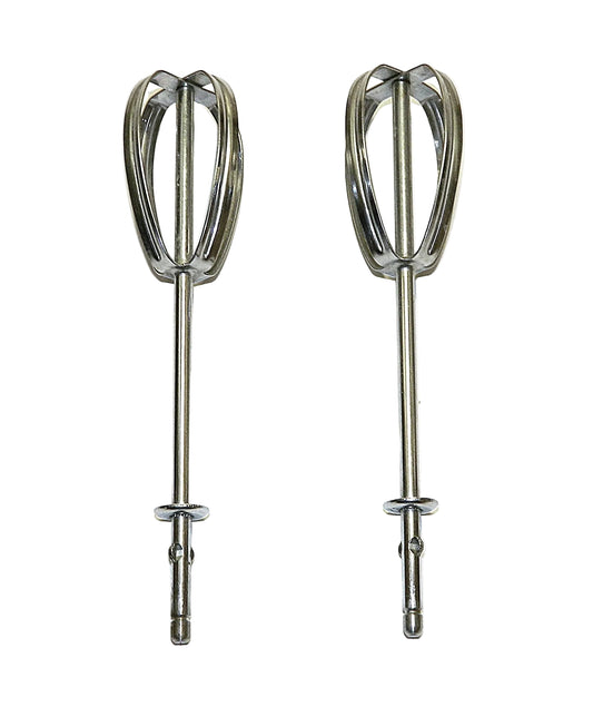 Two stainless steel electric hand mixers with wire whisks and straight beaters, displayed side-by-side on a plain white background.