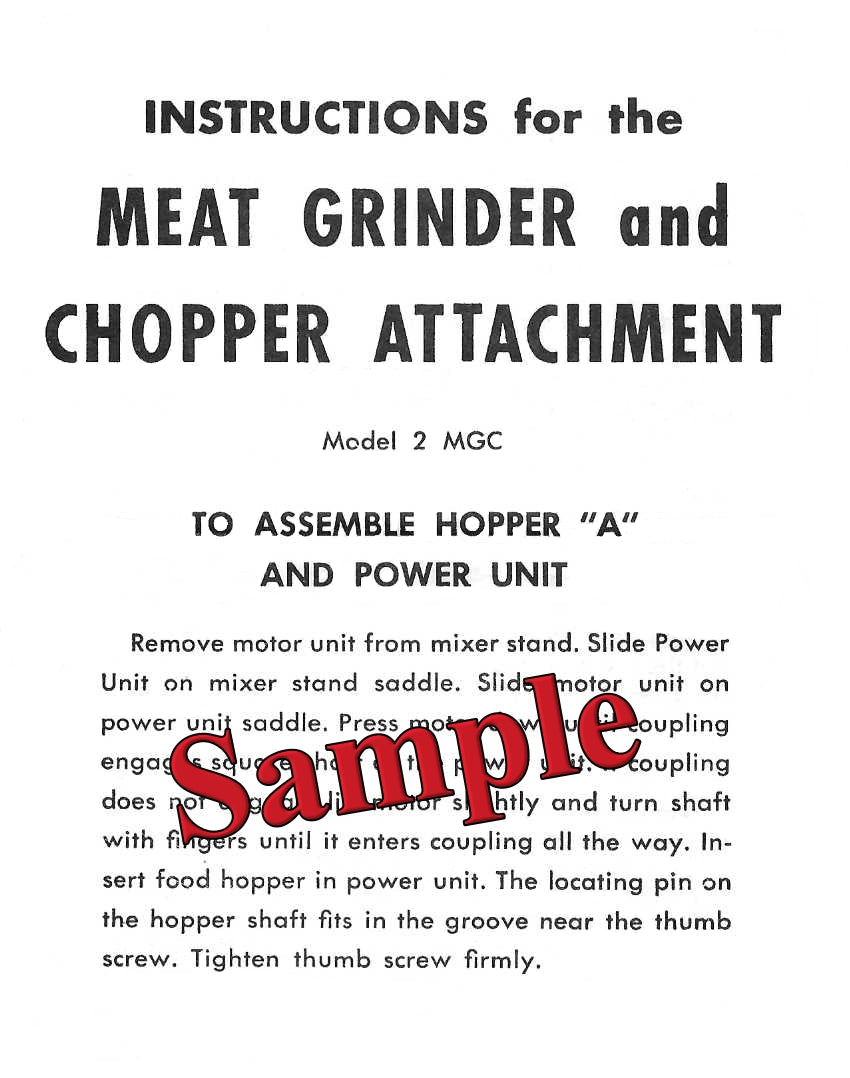 Hamilton Beach Meat Grinder/Food Chopper #2 MGC Instructions For Early Vintage Models (Download)