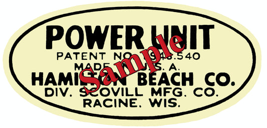 Vintage-style oval decal label with 'Power Unit' text and 'Hamilton Beach Co.' branding on a yellow background.