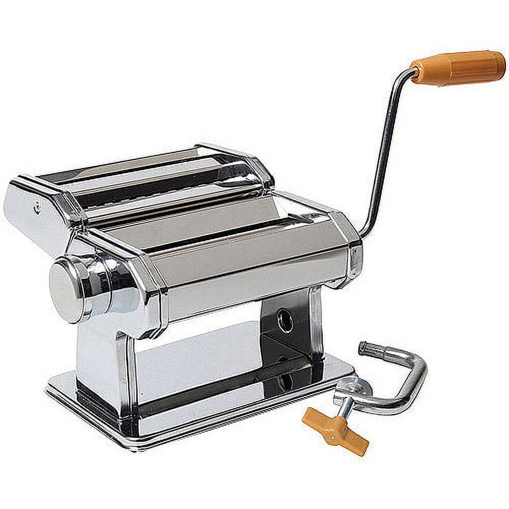 Pasta maker with metal roller and wooden handle on a white background