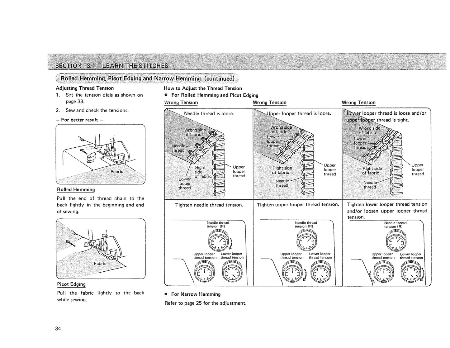 Page from a sewing manual explaining different stitches with diagrams and text.