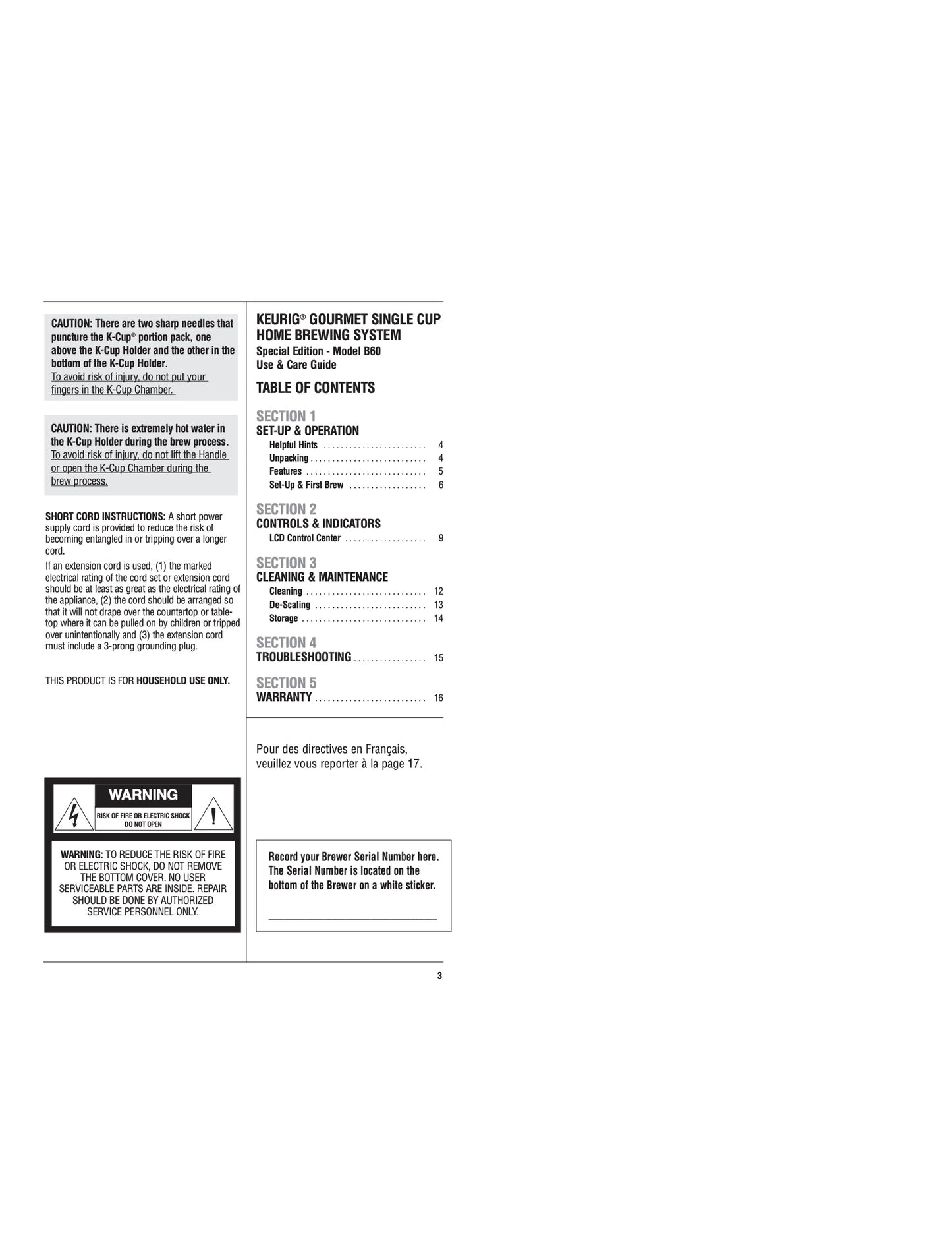 Keurig B60/B70 Single Serve K-Cup Pod Coffee Maker Manual  (Download)
