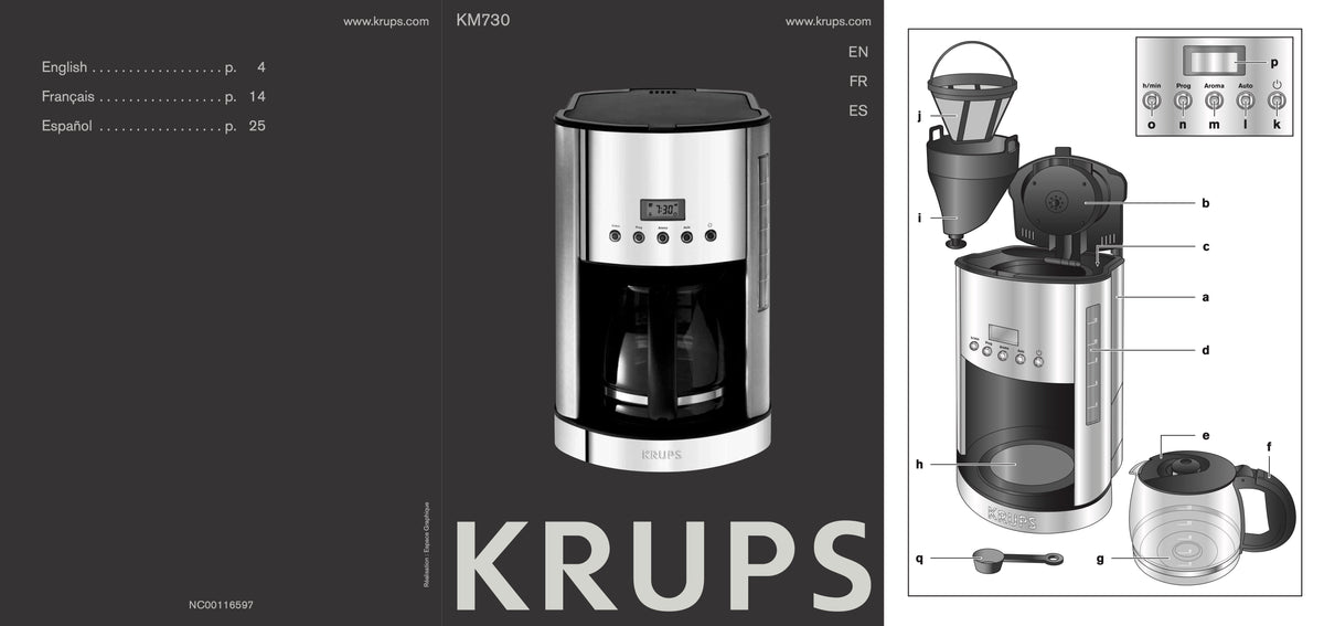 Krups 12 Cup 12 Cup Programmable Coffee Maker, Stainless Steel Model KM730D50 Manual - (Download)