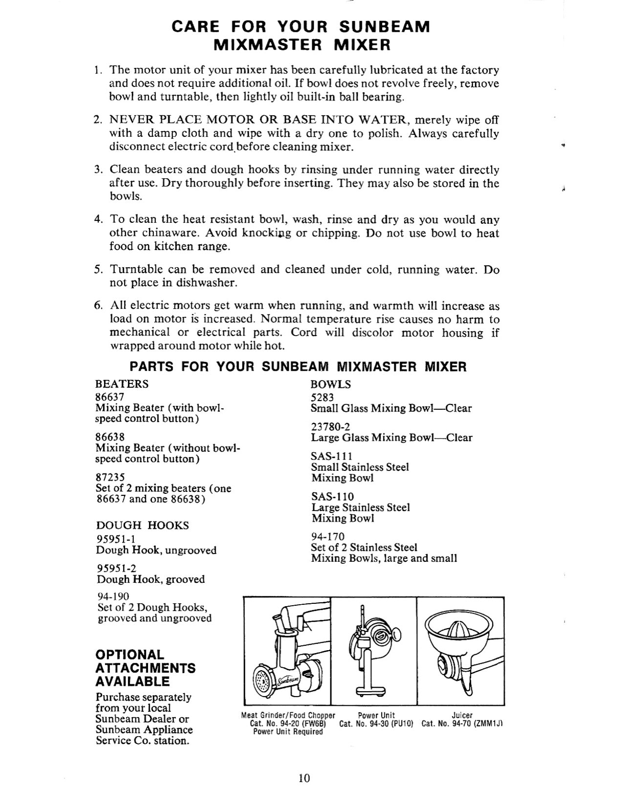 Mixmaster Manual For Sunbeam/Sunbeam Vista Models  1-7A, MMA and More - (Download)