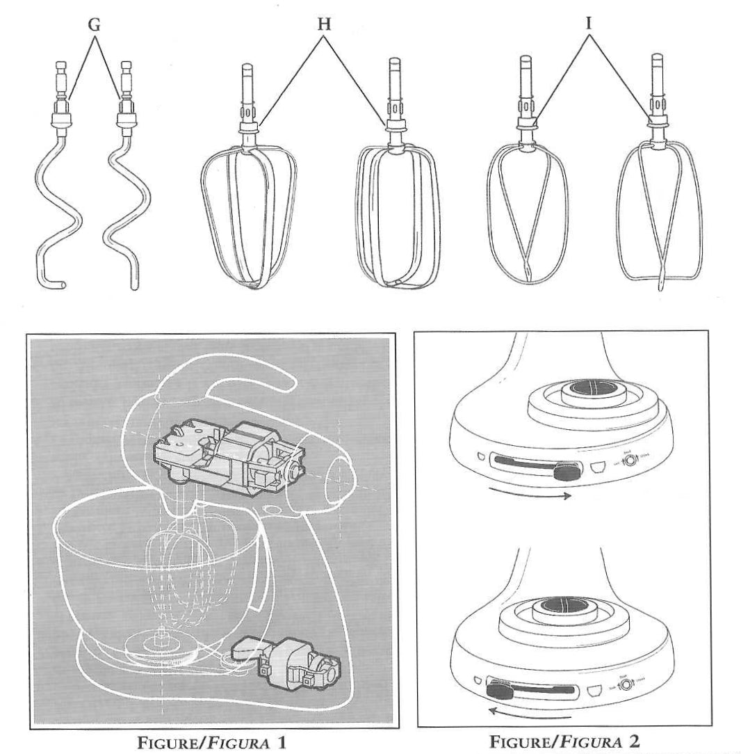 Diagram of a stand mixer with various attachments and components labeled.
