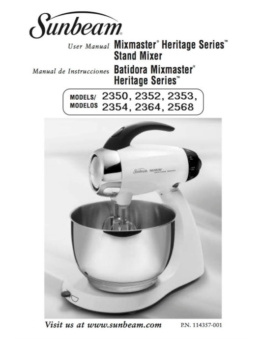 Mixmaster Manual For Sunbeam Heritage Models  2350,2352,2353,2364,2568 - (Download)