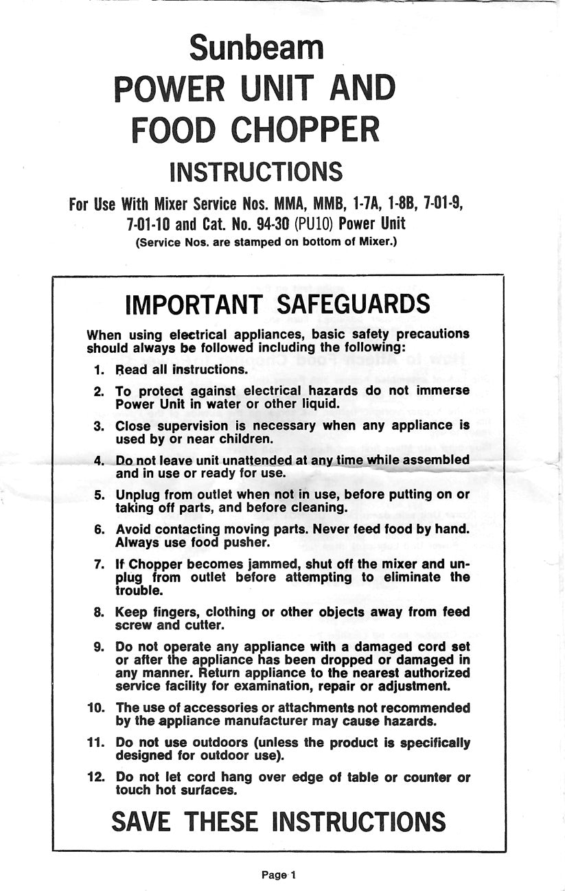 Mixmaster Meat Grinder Instructions For Models 10,11,12,V14,1-7A,MMA/B and More - (FW6B) (Download)