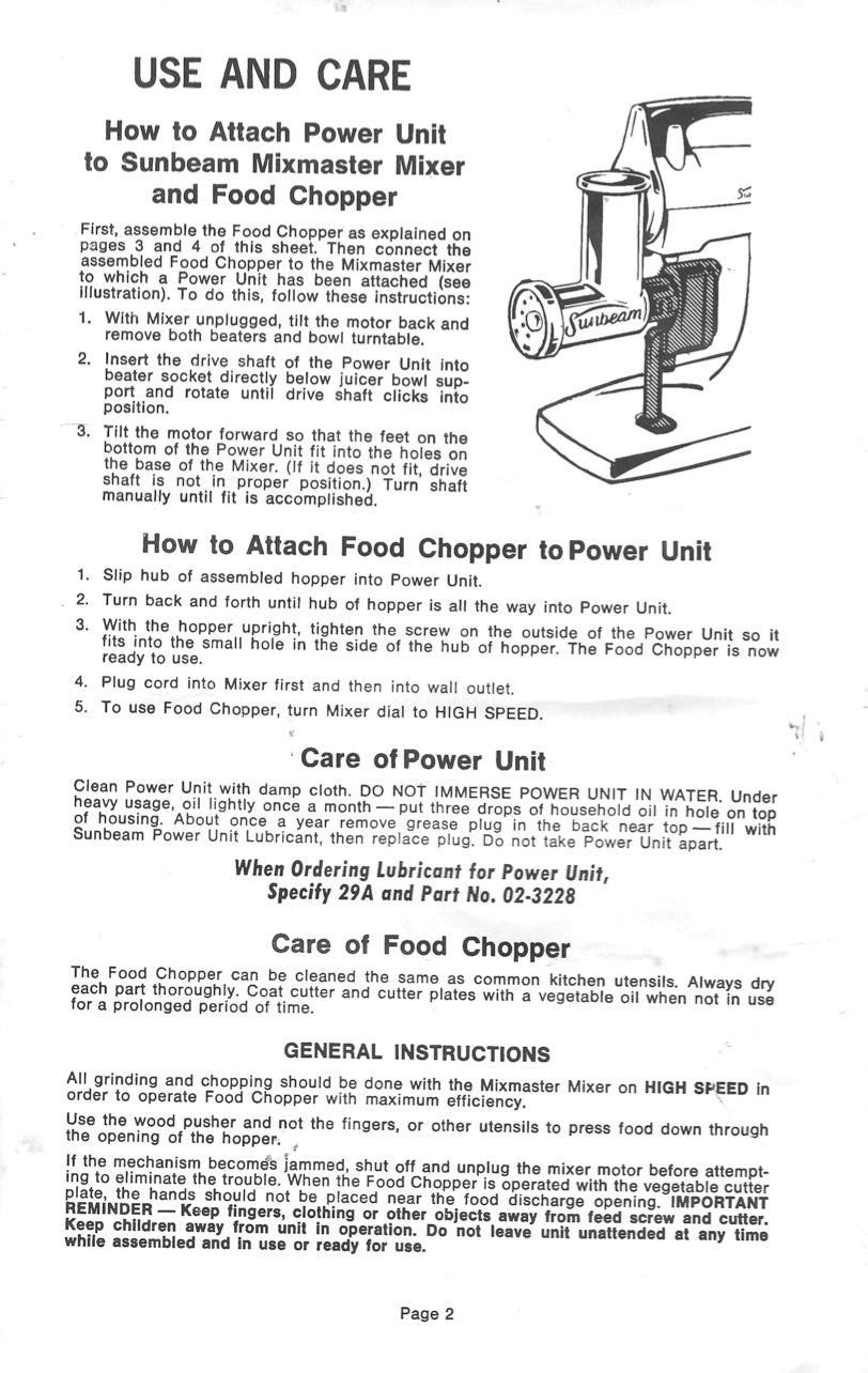 Mixmaster Meat Grinder Instructions For Models 10,11,12,V14,1-7A,MMA/B and More - (FW6B) (Download)