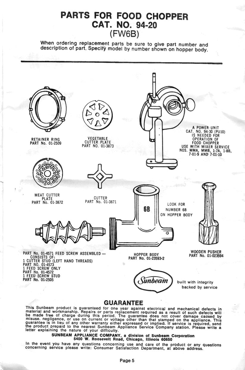 Mixmaster Meat Grinder Instructions For Models 10,11,12,V14,1-7A,MMA/B and More - (FW6B) (Download)